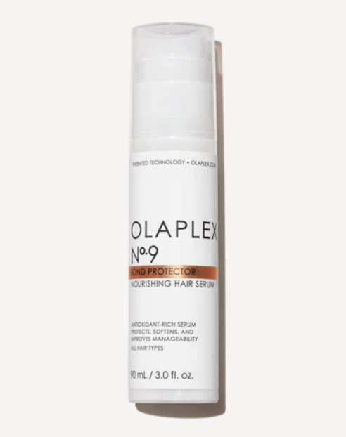 White bottle of Olaplex No.9 Bond Protector Nourishing Hair Serum on a plain background. Text highlights antioxidant-rich formula.