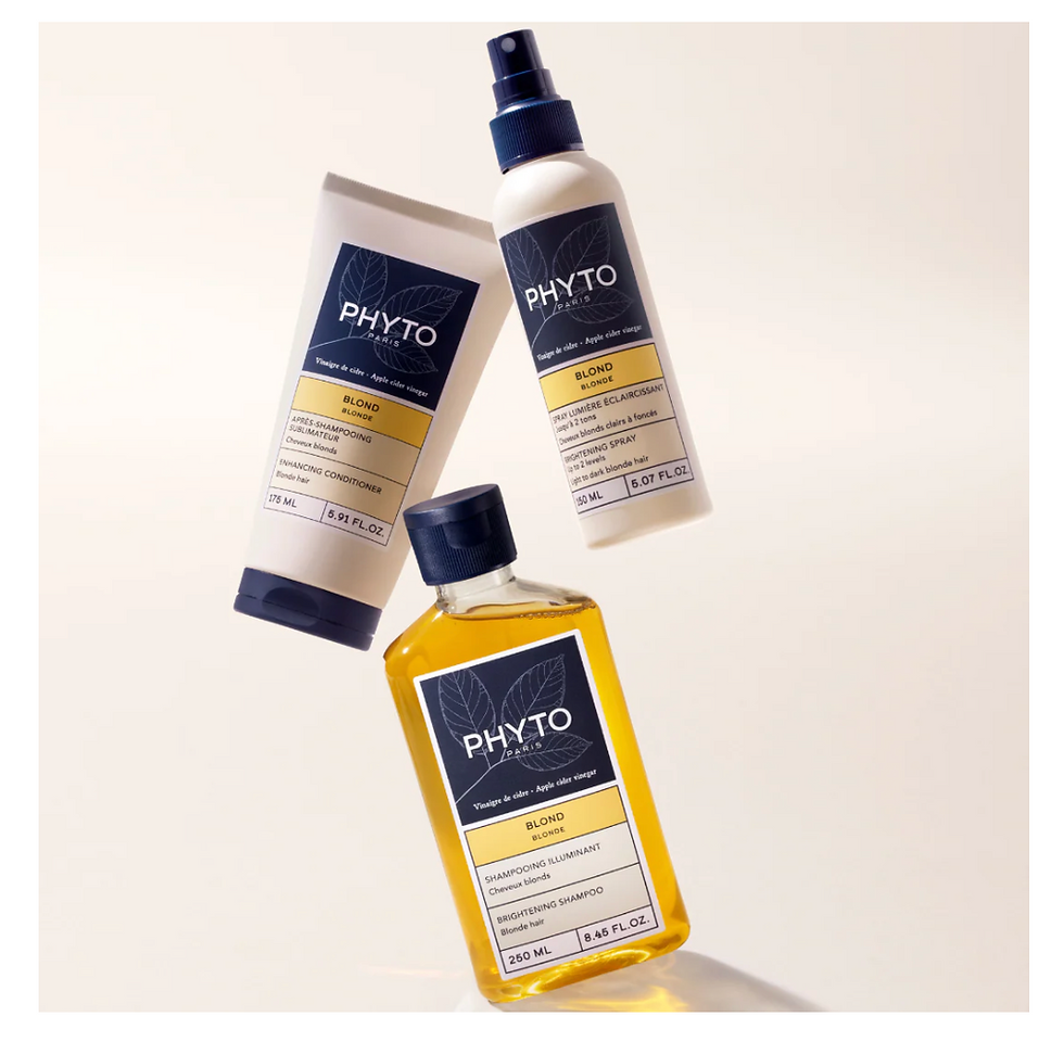 PHYTO brightening shampoo, conditioner, and lightening spray for maintaining healthy, luminous blonde hair.