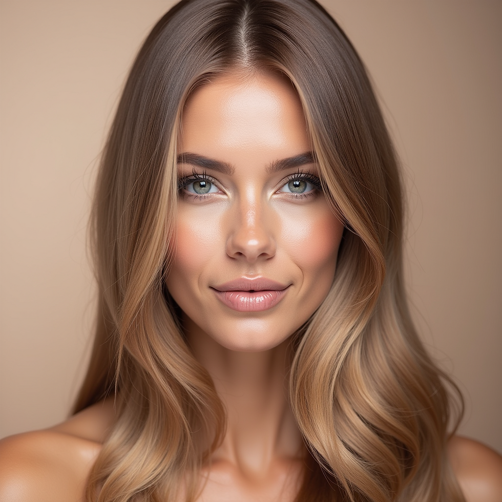 Smiling woman with long wavy hair and bright eyes against a soft beige background. Elegant and serene mood.