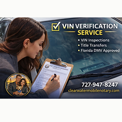 Mobile notary performing VIN verification for a vehicle in St. Petersburg Florida for registration and title purposes