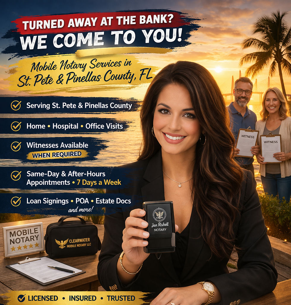 Mobile notary services in St Petersburg and Clearwater Florida providing document notarization and witness services in Pinellas County