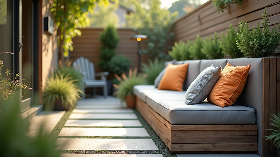 Close-up view of built-in bench with colorful cushions in a small backyard