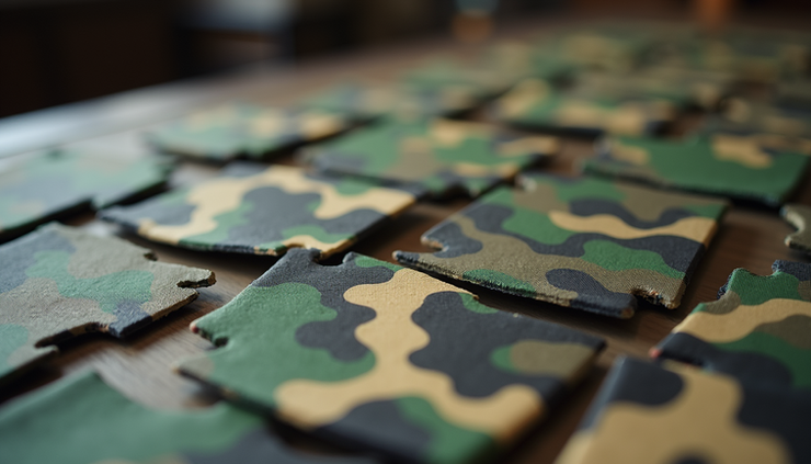Eye-level view of a variety of camouflage patterns laid out on a table