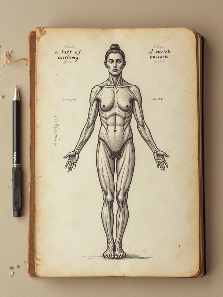 A rustic desk featuring open anatomy journals and classical yoga texts.