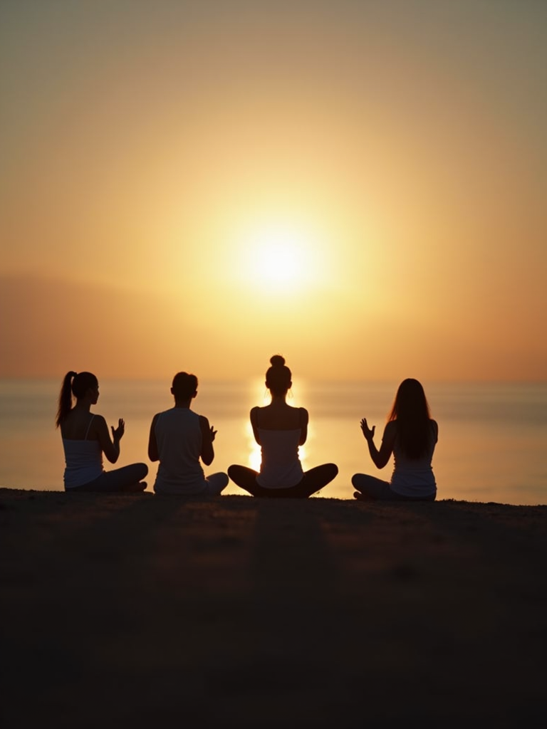 Soft silhouettes of a group sitting in a peaceful meditation circle.