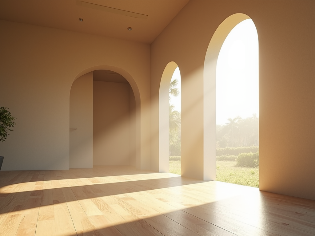A serene and airy minimalist yoga space flooded with soft morning sunlight.
