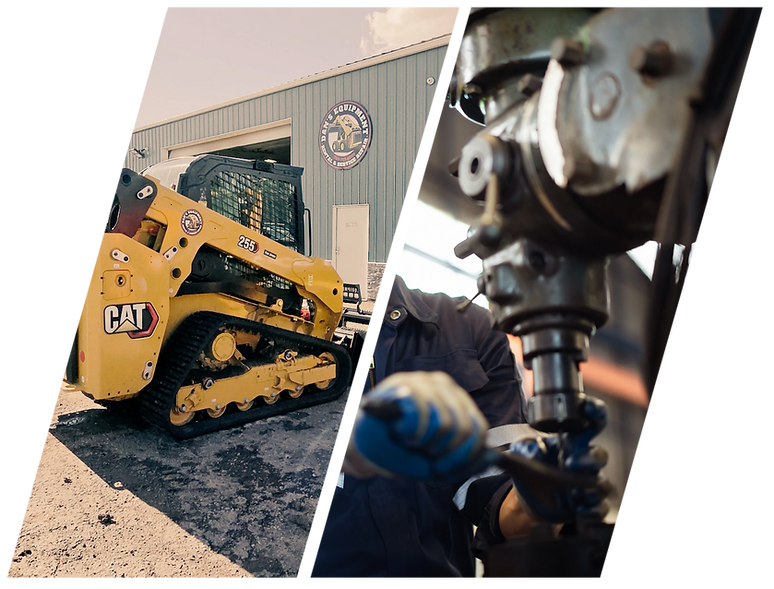 Cat 255 compact track loader outside Dan’s Equipment and a mechanic working in the Sherwood Park repair shop.