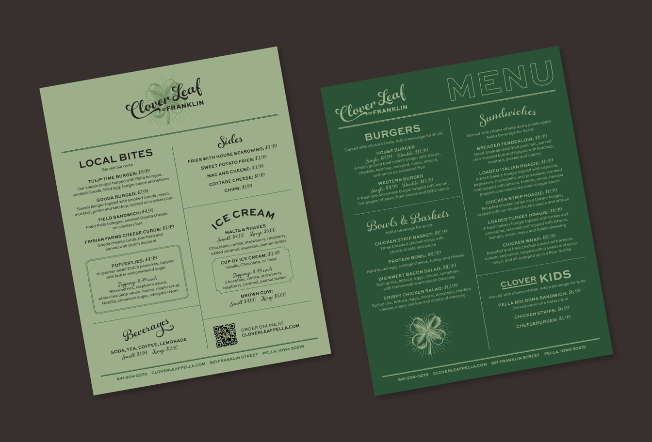 menu branding website design Pella Iowa Van Wyk Creative