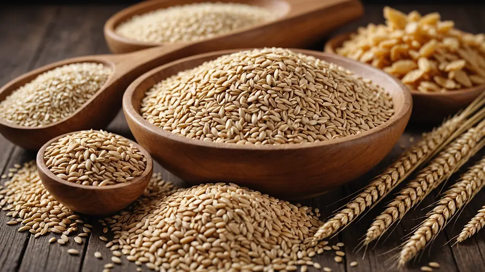 Close-up view of various types of whole grains and flour