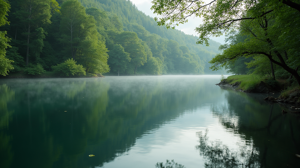 Close-up view of a serene lake surrounded by lush trees