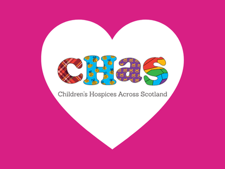 CHAS (Children's Hospices Across Scotland) logo in white heart on pink background