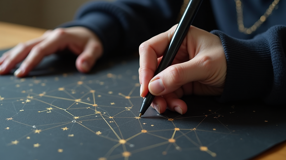 Close-up view of a student creating a star constellation map on black paper