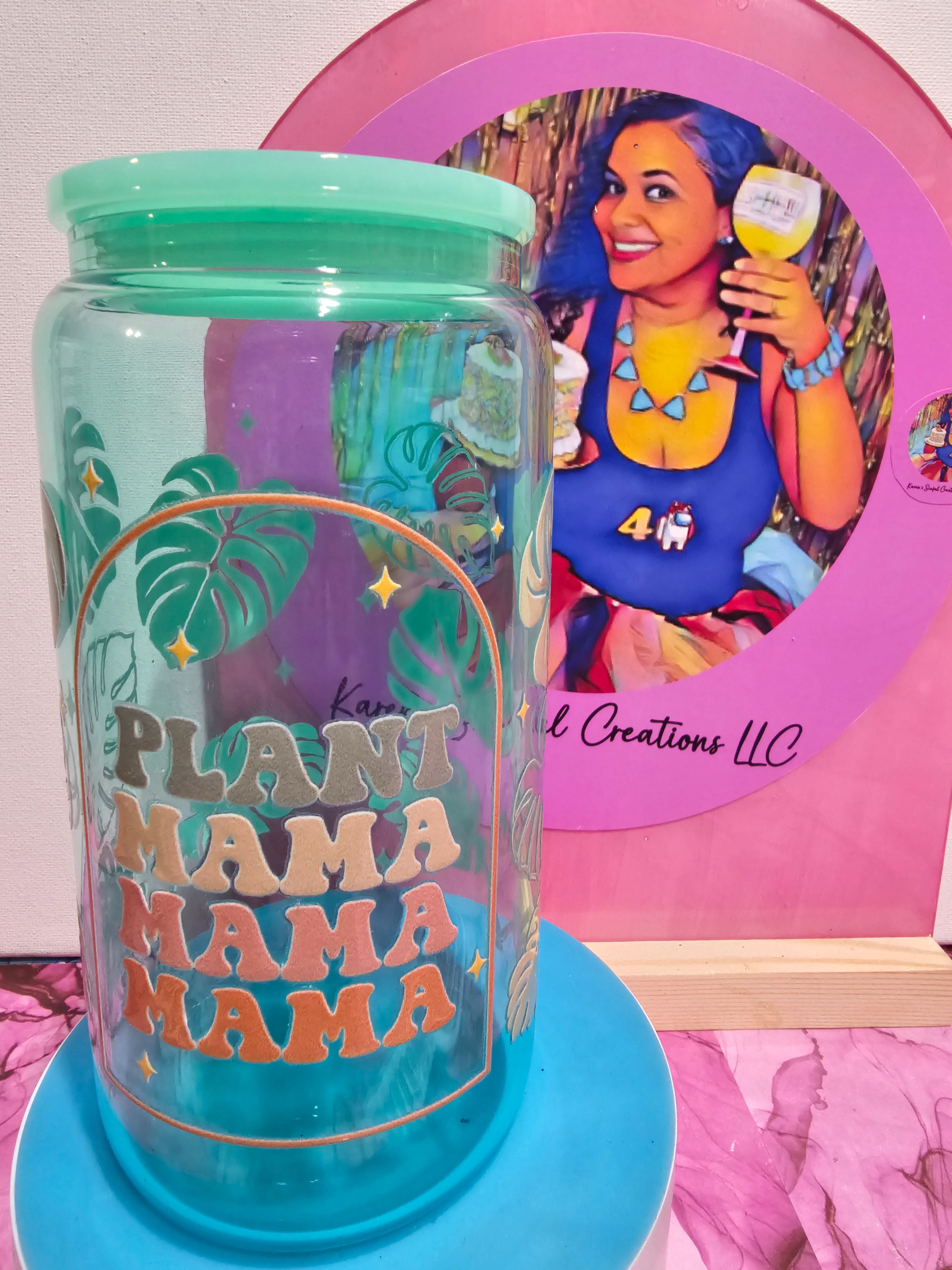 Plant Mama 16oz green glass with Monstera leaf design