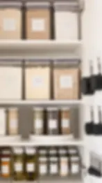 Organized pantry shelves with labeled containers and spices