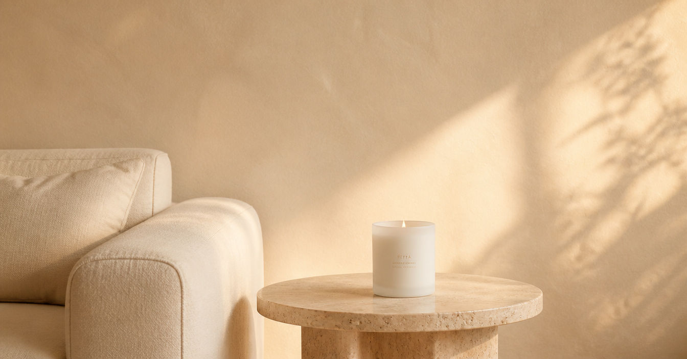 Frosted white candle on a clear travertine side table beside a neutral sofa.