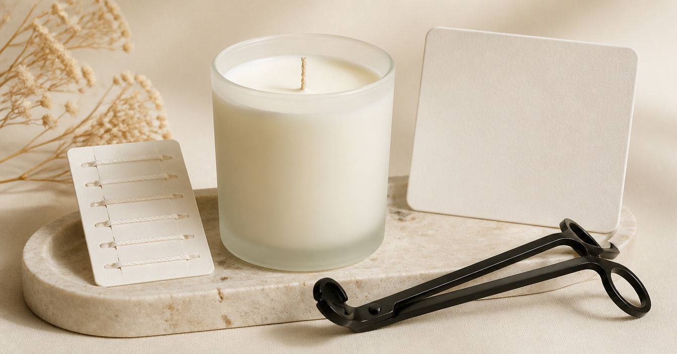 Unlit frosted white candle with a wick sample, black wick trimmer, and minimal blank note card on a pale stone tray.