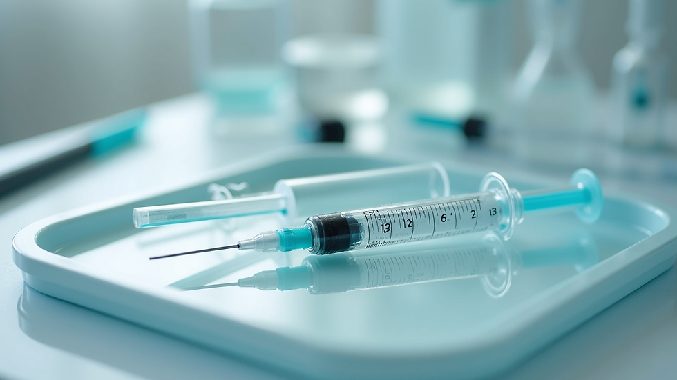 Close-up view of medical aesthetics tools and injectable syringes on a clean tray