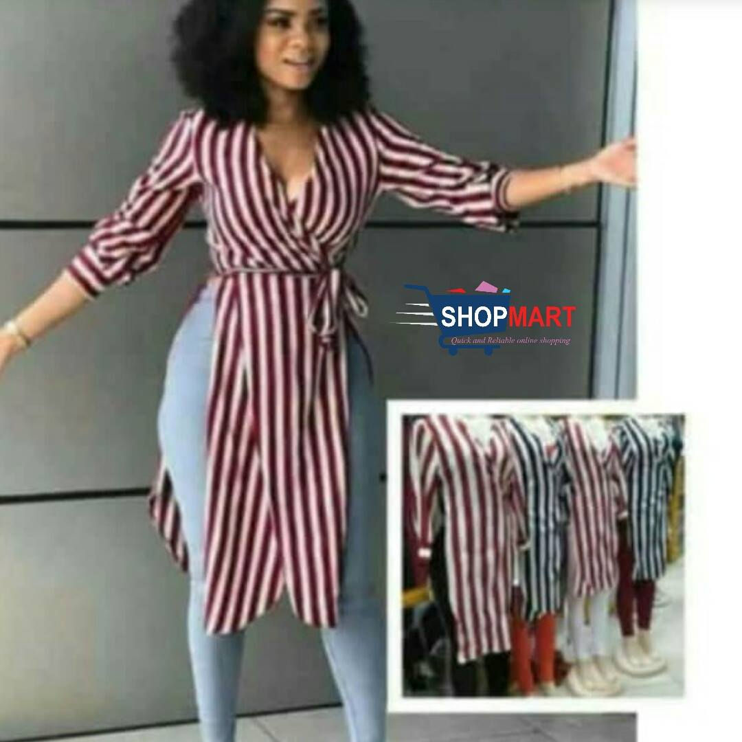 SASHED SPLIT STRIPPED DRESS