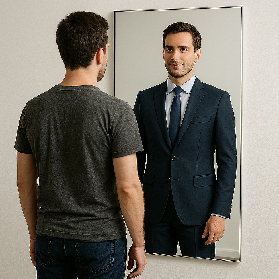 Uma homem olhando sua verão ideal no espelho