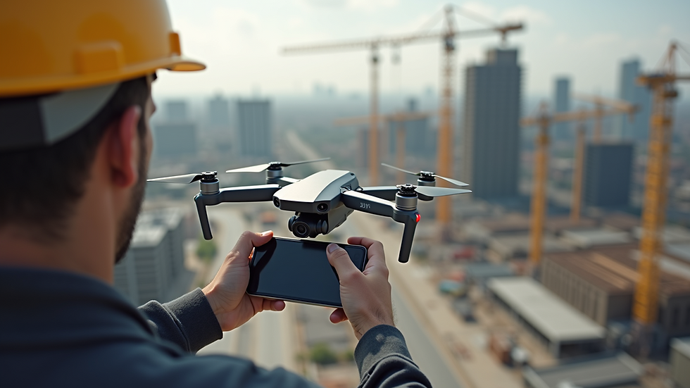 Eye-level view of a drone operator controlling a drone at a construction site