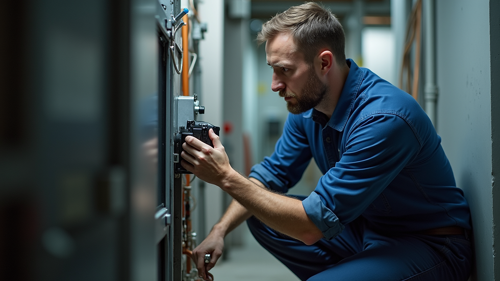 Eye-level view of a furnace technician inspecting a heating unit