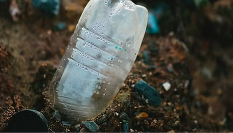 bouteille en plastique vide plantée dans un sol rempli de déchets