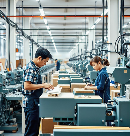 modern furniture factory with huge machines and Chinese workers male and females _edite