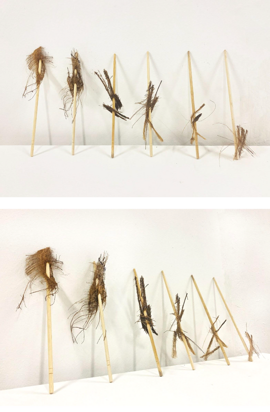 Sea Side, Series 1,  2022, 30cm x 8cm (per sculpture), Chopsticks, Coconut Husk