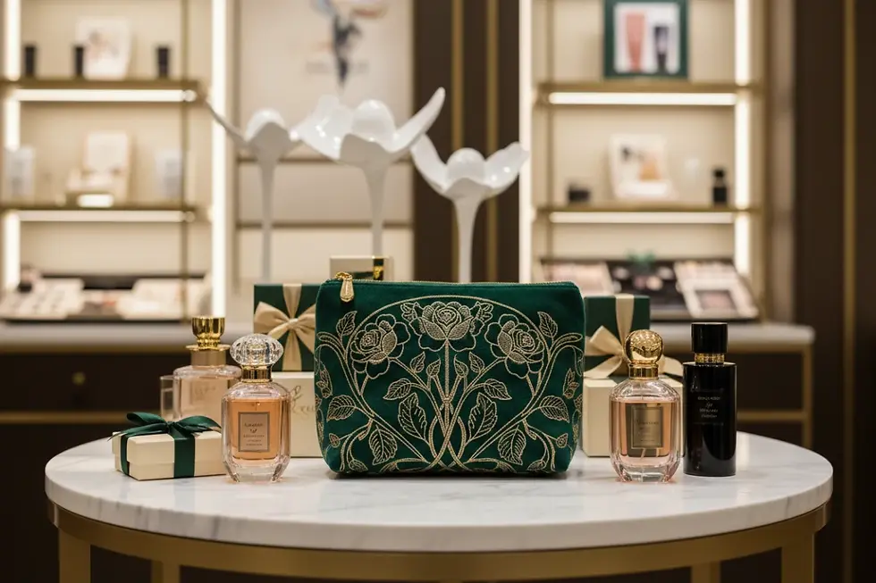 Exklusive Samt-Kosmetiktasche als GWP-Beispiel von einem professionellen Gift-with-Purchase-Lieferant