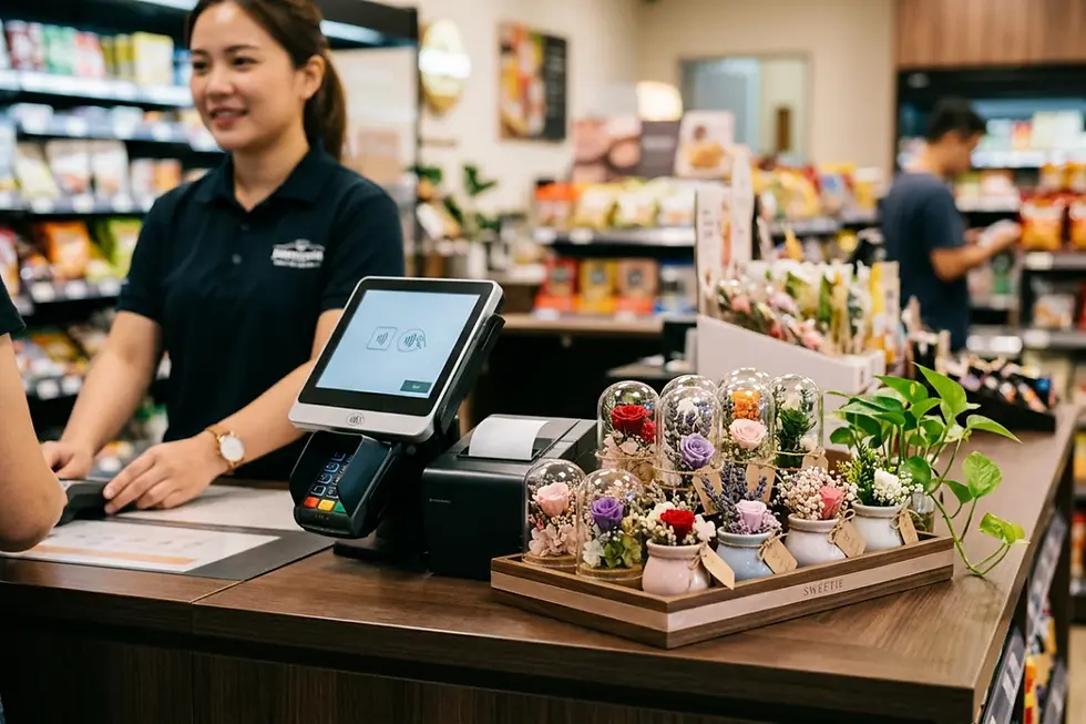 Convenience store checkout counter impulse gifts displayed in a PDQ tray beside the payment terminal.