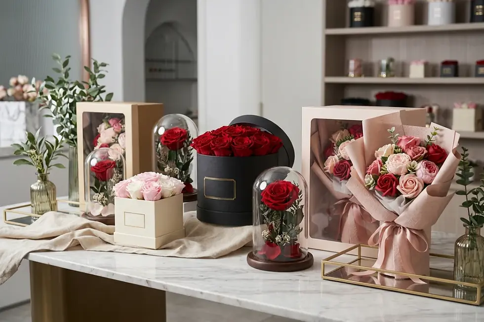 Assorted Valentine's day gifts wholesale floral arrangements and preserved rose gift boxes on display
