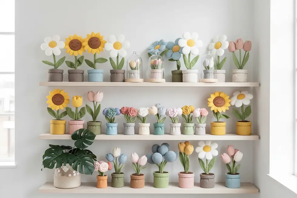 Eine Sammlung verschiedener Plüschblumen und Stoff-Topfpflanzen auf einem modernen Holzregal