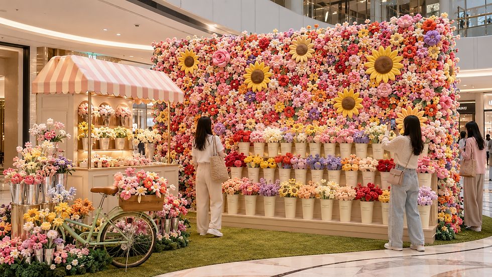 A shopper receiving a customized single-stem plush flower at a mall redemption desk as a shopping reward