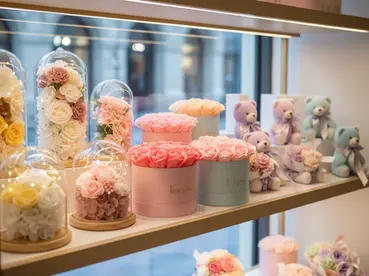 A curated retail boutique display showcasing a structured, profitable floral gift assortment.