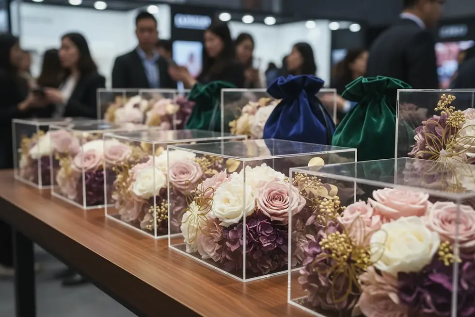 Customized acrylic preserved flower boxes with gold hot-stamped branding