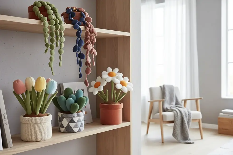 Pluche bloempotten en planten op een boekenplank geleverd door een pluche bloemen groothandel
