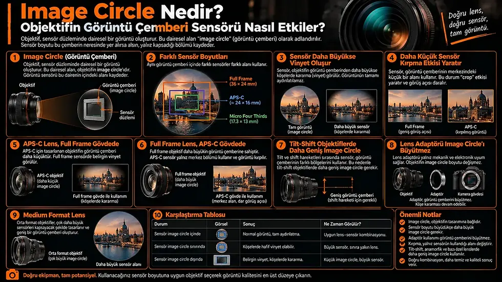 Image circle kavramını; full frame, APS-C ve Micro Four Thirds sensör boyutları, crop etkisi, vinyet, lens adaptörü ve tilt-shift objektiflerle açıklayan infografik