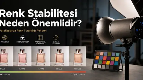 Renk stabilitesini göstermek için profesyonel stüdyoda paraflaş, ColorChecker renk kartı ve aynı ürünün farklı çekimlerinin karşılaştırıldığı ürün fotoğrafçılığı kurulumu.