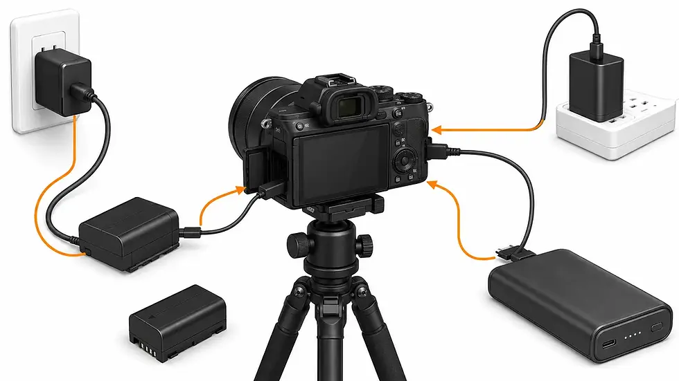 Fotoğraf makinesine USB-C Power Delivery, dummy battery ve AC adaptörle kesintisiz güç verilmesini gösteren teknik infografik