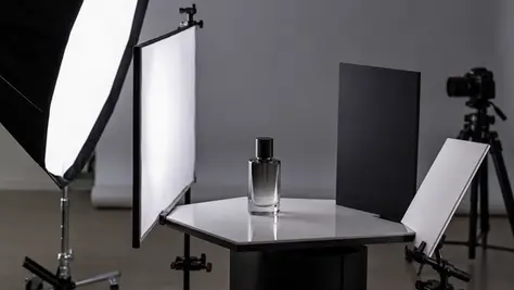 Parlak cam ürün çekiminde softbox, difüzyon paneli, siyah panel ve beyaz kart kullanılarak yansıma ve parlama kontrolü yapılan profesyonel stüdyo kurulumu.