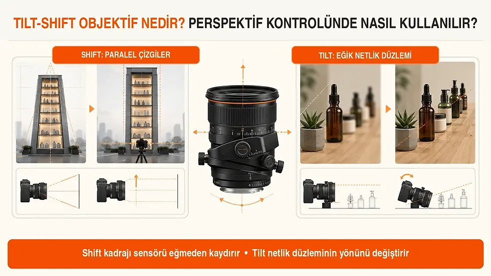 Shift hareketinin paralel dikeyleri korumasını ve tilt hareketinin netlik düzlemini eğmesini karşılaştıran teknik infografik