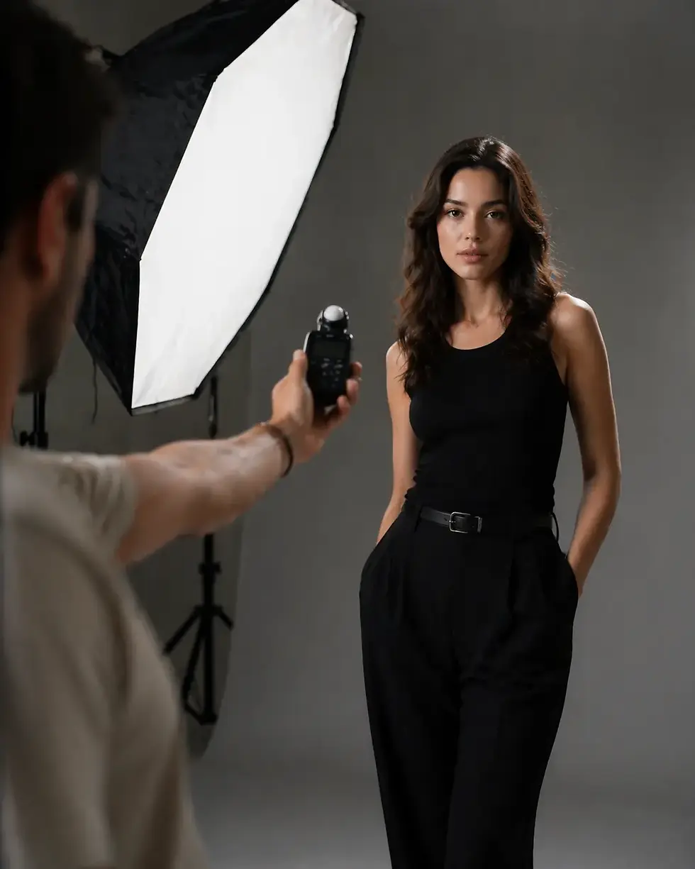 Model yuz hizasinda dogru konumda kullanilan flasmetre ile isik olcumu