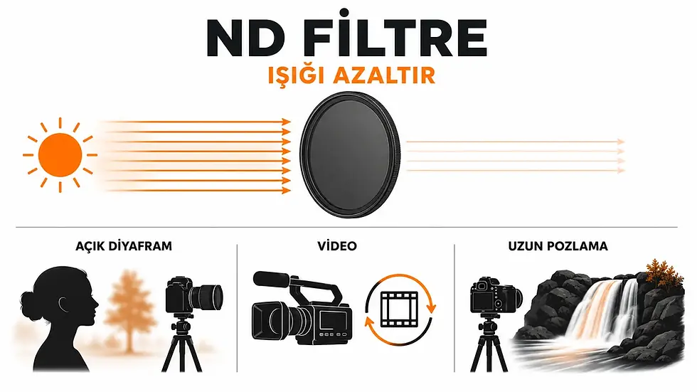 ND filtrenin objektife giren ışığı azaltmasını; açık diyafram, video ve uzun pozlama kullanımını gösteren teknik infografik