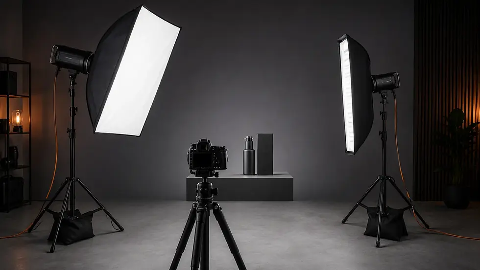 E-ticaret ürün fotoğrafçılığında softbox ve stripbox kullanılan iki paraflaşlı stüdyo kurulumu