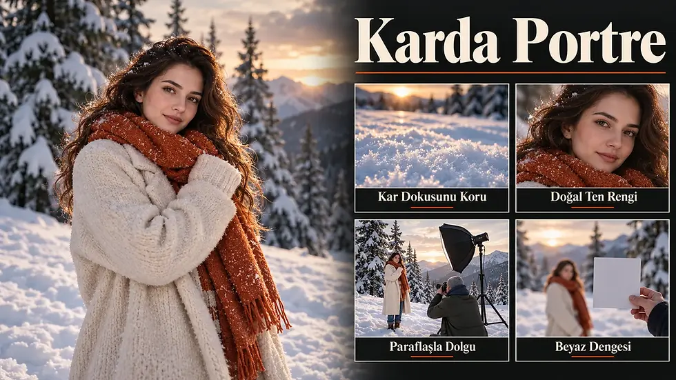 Karda portrede kar dokusu, doğal ten rengi, akülü paraflaşla dolgu ve beyaz dengesi kontrolünü gösteren infografik