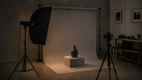 Paraflaş softboxı içindeki pilot ampulünün ürün üzerindeki gölge yönünü gösterdiği profesyonel stüdyo çekim kurulumu.