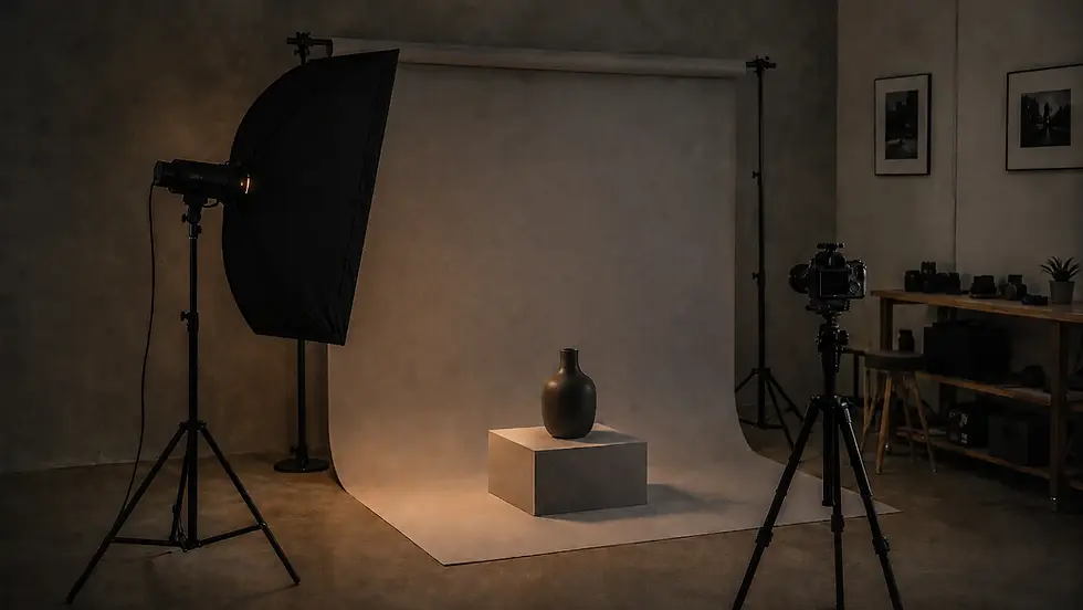 Paraflaş softboxı içindeki pilot ampulünün ürün üzerindeki gölge yönünü gösterdiği profesyonel stüdyo çekim kurulumu.