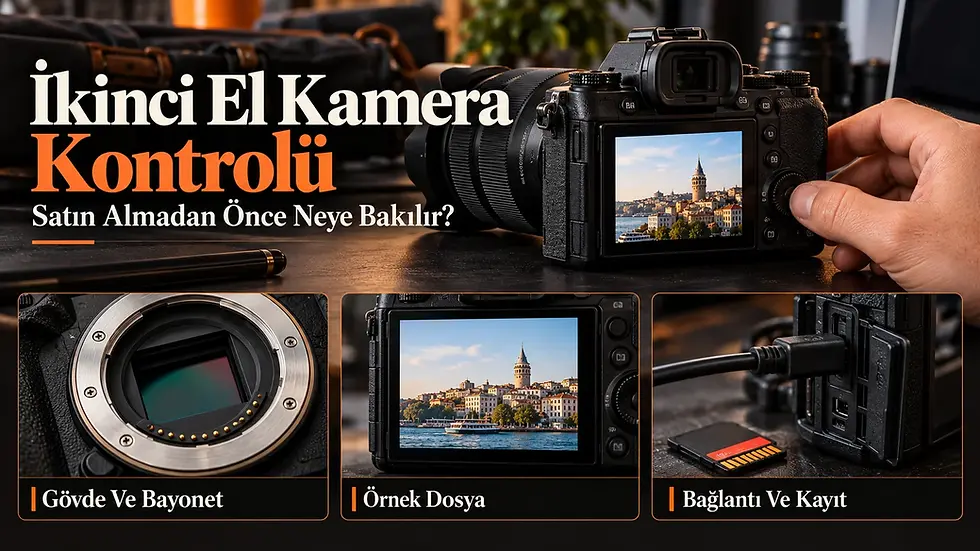 İkinci el kamera kontrolünde gövde ve bayonet, örnek fotoğraf dosyası, USB bağlantısı ve hafıza kartı incelemesini gösteren infografik