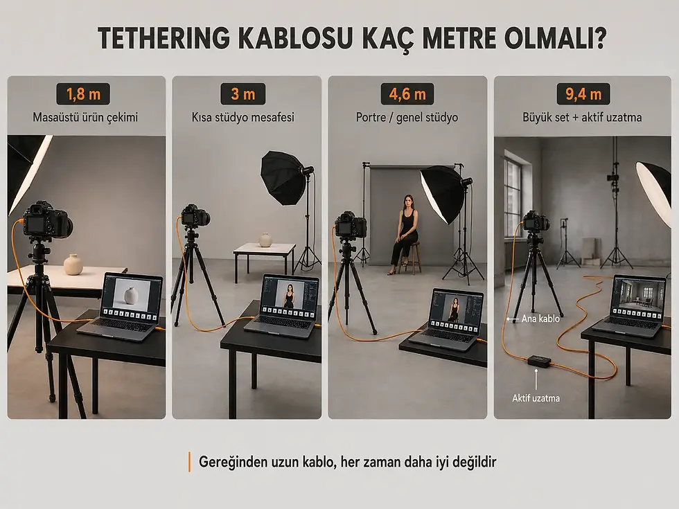 Ürün, portre, moda ve büyük stüdyo çekimleri için 1,8 metre, 3 metre, 4,6 metre ve aktif uzatma kablosu seçimi