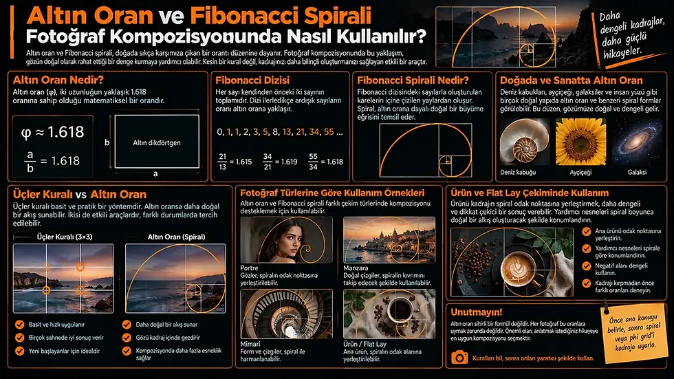 Altın oran, Fibonacci dizisi ve Fibonacci spiralinin portre, manzara, mimari ve ürün fotoğrafı kompozisyonunda kullanımını gösteren infografik